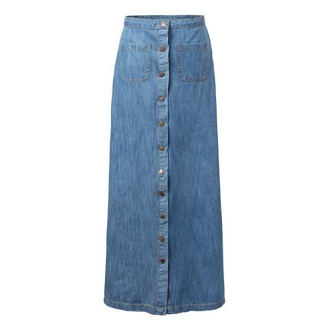 button down denim maxi skirt