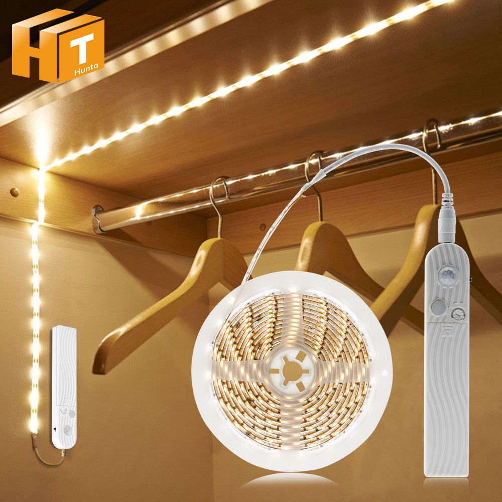 Battery Powered LED Strip Lights PIR Motion Sensor Wireless Wardrobe Closet Lamp 
