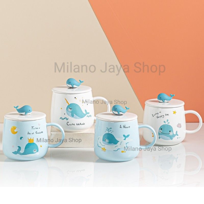 Ceramic Coffee Mug Cup Lid with Spoon Cute Christmas gift Whale 16oz 