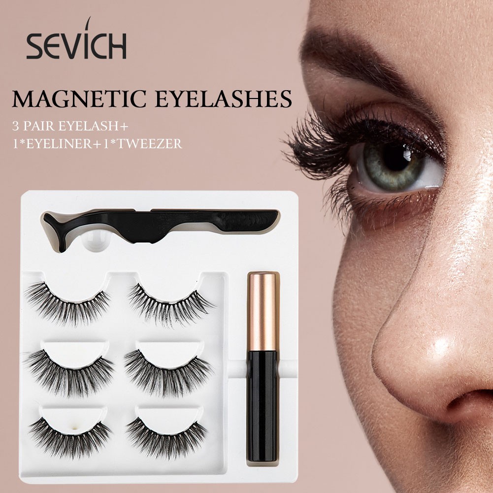Sevich Magnetic Eyelash Set 3 Pairs Magnet Liquid Eyelinerand Magnetic Eyelashes And Tweezer Set