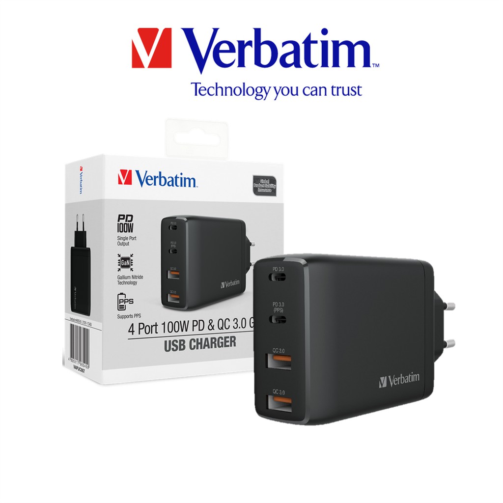 Verbatim 4 Port 100w Pd 3 0 Qc 3 0 Gan Usb Charger Dual Usb C 100w 4 Ports 2 X Pd 2 X Qc Macbook Pro 66545 66546 Shopee Singapore
