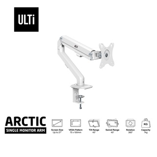 ULTi Arctic Single Monitor Mount, Pneumatic Spring Arm, Clamp-on Desk Mount Stand for 27” Screen - White