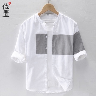 Summer Cotton Linen Short Sleeve Men Shirt Color Matching Seven-point Sleeve Shirt Trend Jacket Men