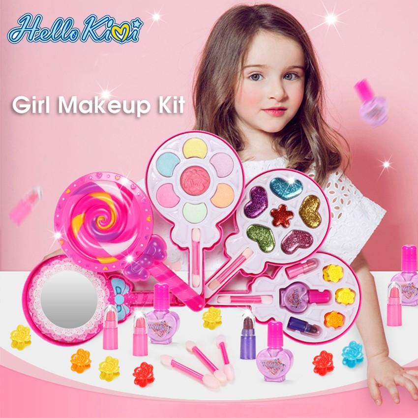 HelloKimi Children's Makeup Set Cosmetics Kit Little Girls Make Up Case Princess Toy Cosmetics