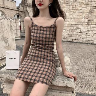 Image of Checked Skirt Dress Sling Hong Kong Style Women 2020 Slim-Fit Slimmer Look Mid-Length Stu
