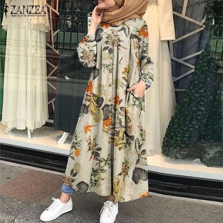 Image of ZANZEA Women Button Down Front Vintage Long Sleeve Muslim Dress