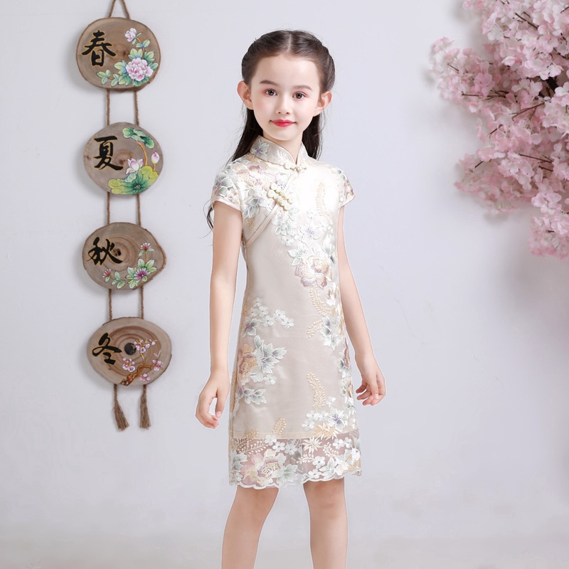 Girls Cheongsam Chinese New Year Dress Traditional Midi Dress Double Layer Beige Shopee Singapore - chinese new year qipao dress roblox