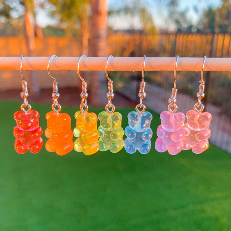 Image of Candy Color Resin Cartoon Bear Earring/ Cute Jelly Bear Pendant Ear Hooks/ Transparent Bear Women Fashion Dangle Gifts Jewelry #0