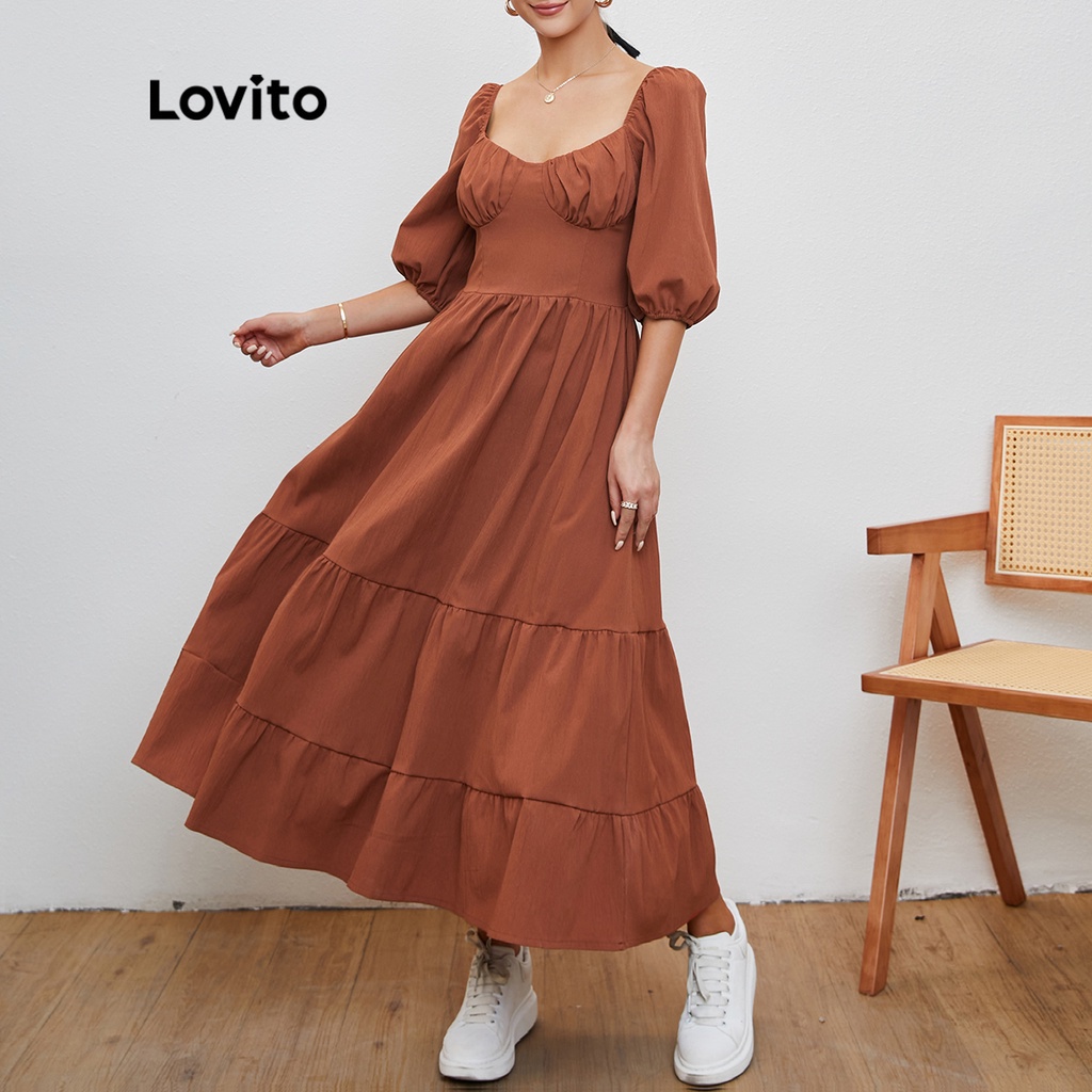 Lovito Modest Plain Ball Gown Puff Sleeve Dress L20D034 (Brown