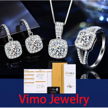 [With GRA certificate] One carat moissanite jewelry set S925 sterling silver ring earrings necklace