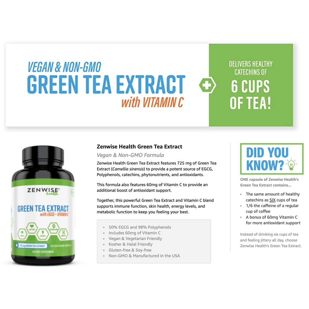 Zenwise Health Green Tea Extract With Egcg Vitamin C Antioxidant Immune Supplement Metabolism Booster For Vegan Shopee Singapore