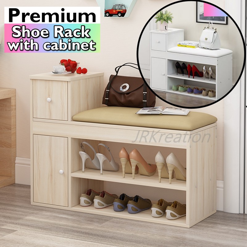 Shoe Rack With Cabinet Storage Pu Seat Stool Multi Purpose Organizer