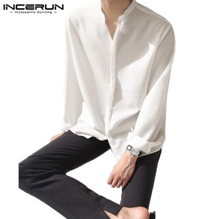 Image of INCERUN Mens Summer Casual Long Sleeve Plain Loose Breathable Shirt
