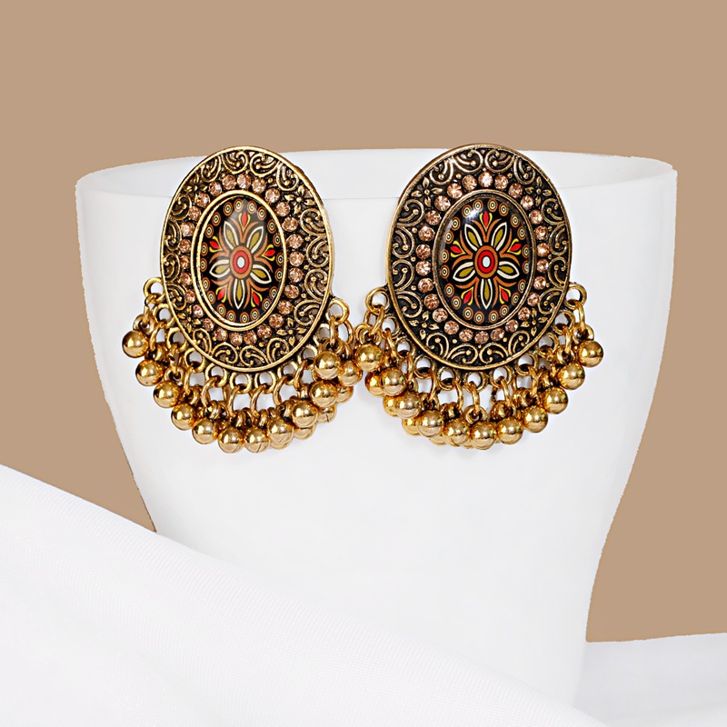 Women's Gold Silver Tassel Peacock Engrave Jhumka Tassel Wedding Indian Earrings 