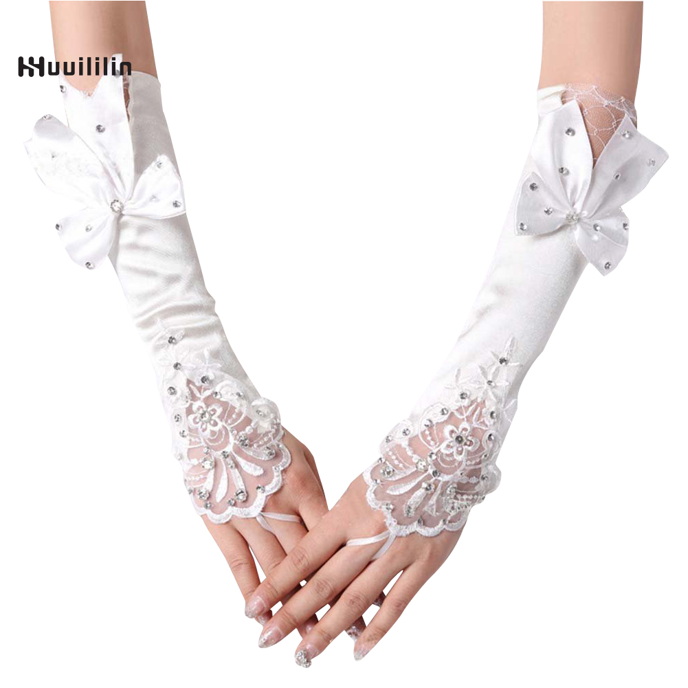 Elegant White Red Ivory  Wedding Gloves Lace Applique Short Rhinestone Bridal 
