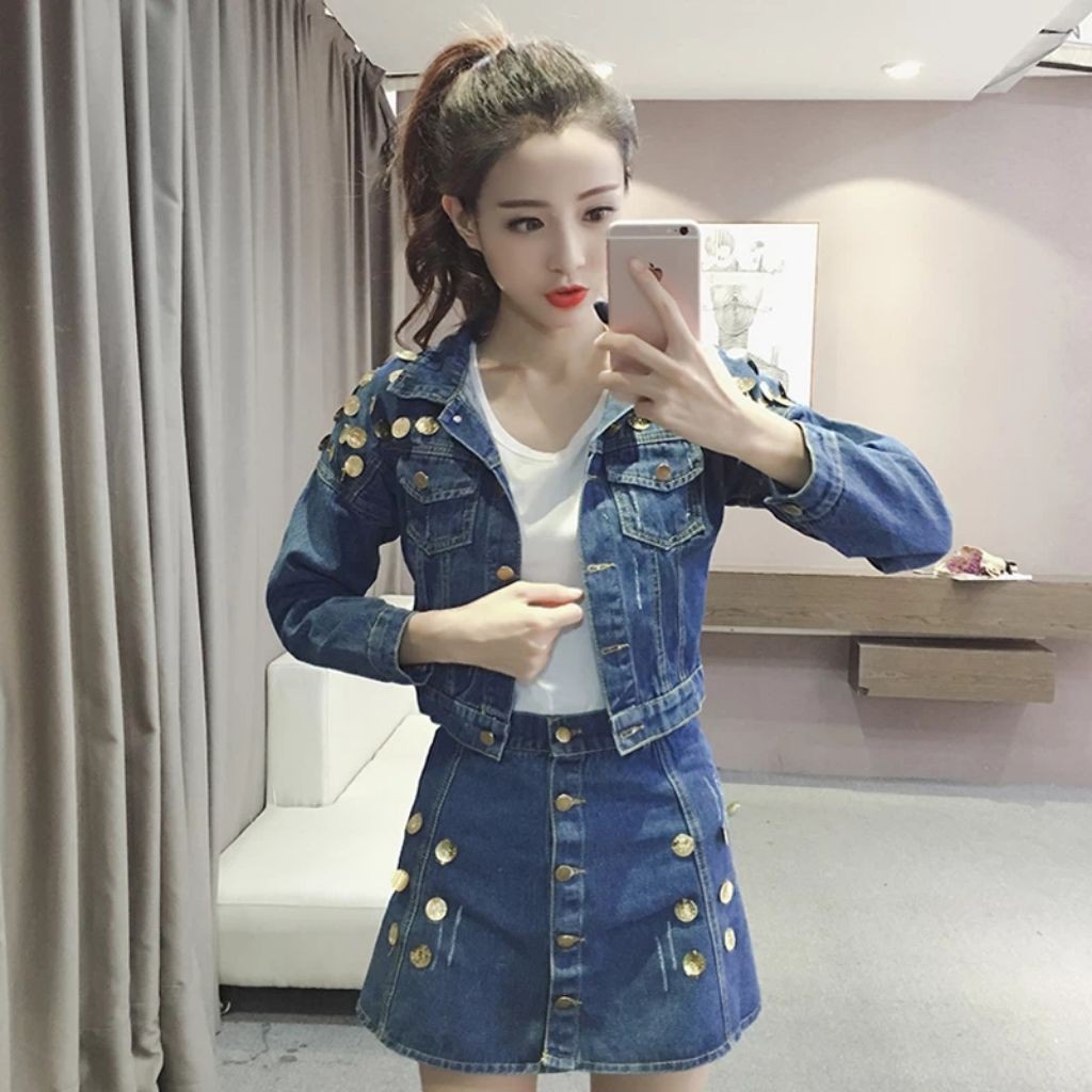 jeans jacket and skirt