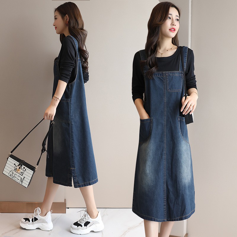 Women Plus Size Jeans Jumpsuit Vintage Loose Tide Straps Denim Dress Straight Pockets Jeans Dress Two Piece Set Shopee Singapore