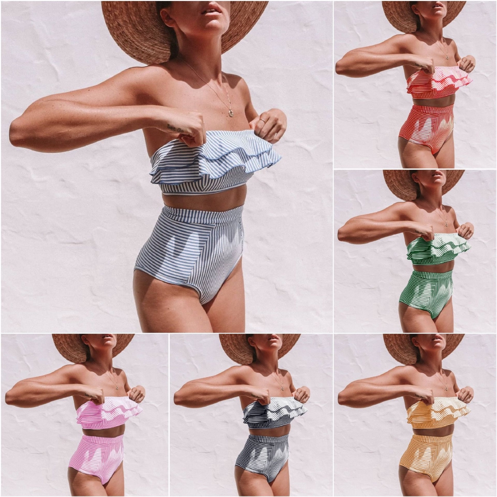 Gsh Summer Female Korean Fashion Beach Stripe Lotus Leaf Two Piece Swimwear Set High Waist Bikini Shopee Singapore - leaf bikini high roblox