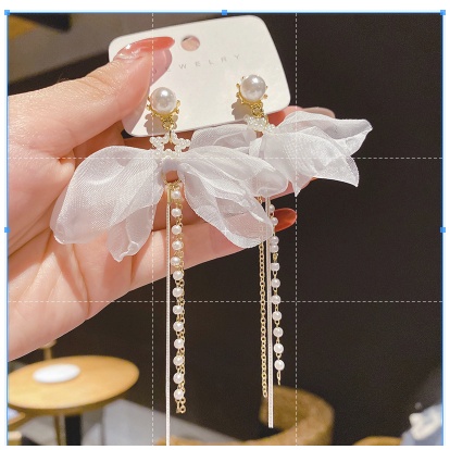 Image of S925 Silver Needle 2022 New Trendy Temperament Net Red Fashion Earrings Bow Star Pearl Tassel Fabric Earrings #5