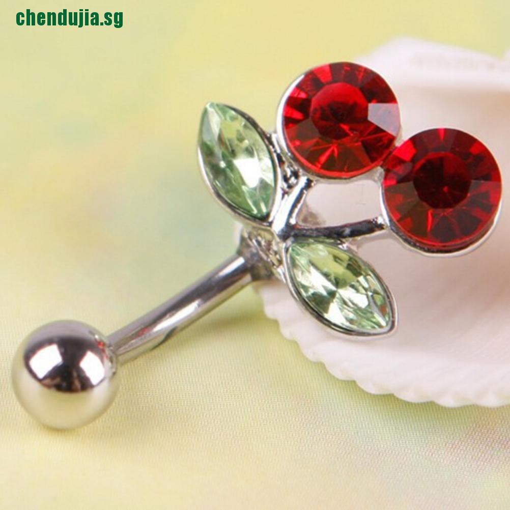 【chendujia】Pretty Rhinestone Red Cherry Navel Belly Button Barbell Ring