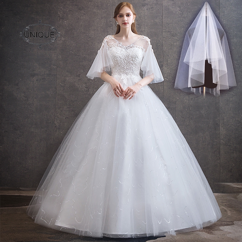 Mid Sleeves Bride Wedding Dresses Women Lace Party Elegant Maxi