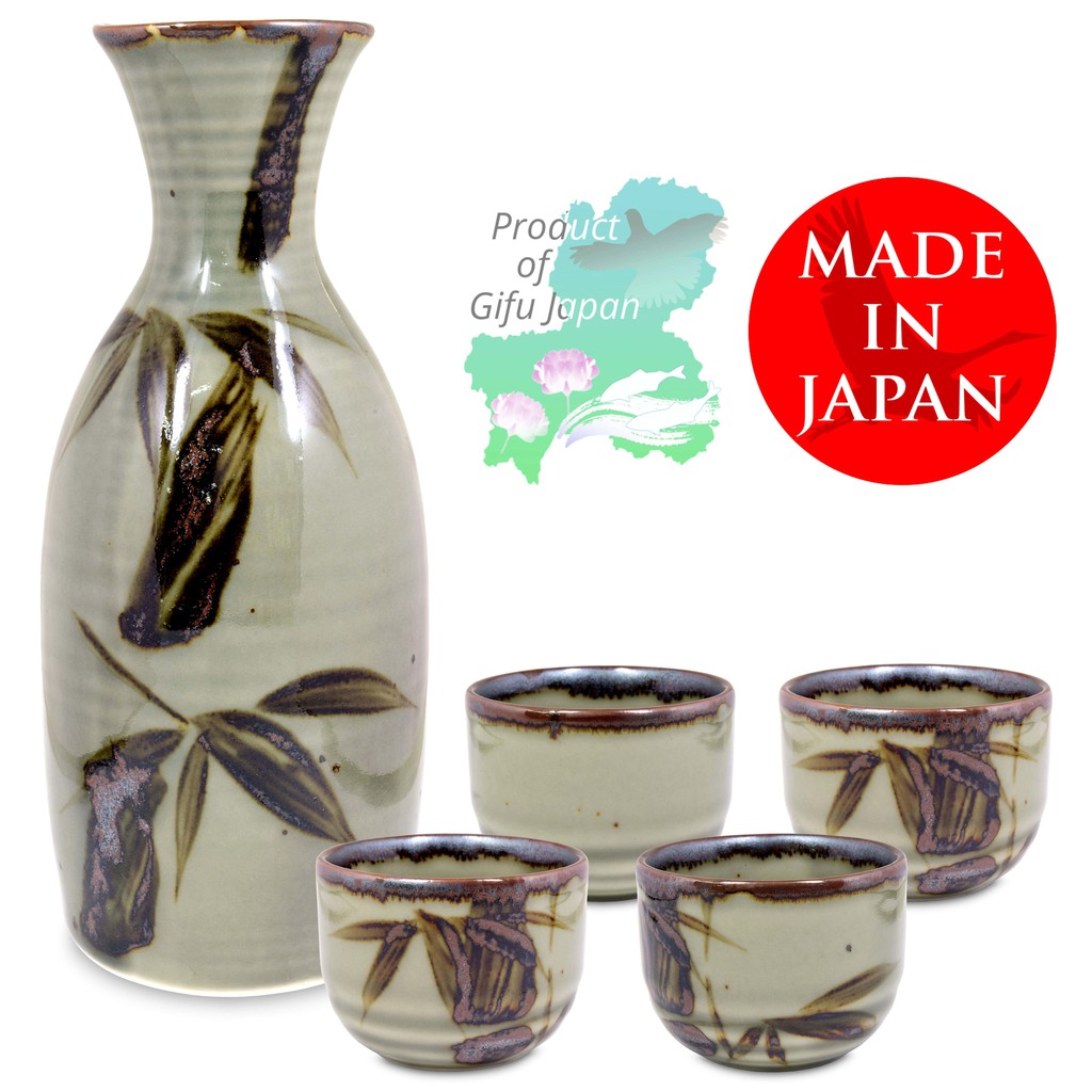 Mino Ware Traditional Japanese Sake Set Tokkuri Bottle and 4 Ochoko Cups Green Mashikodake 