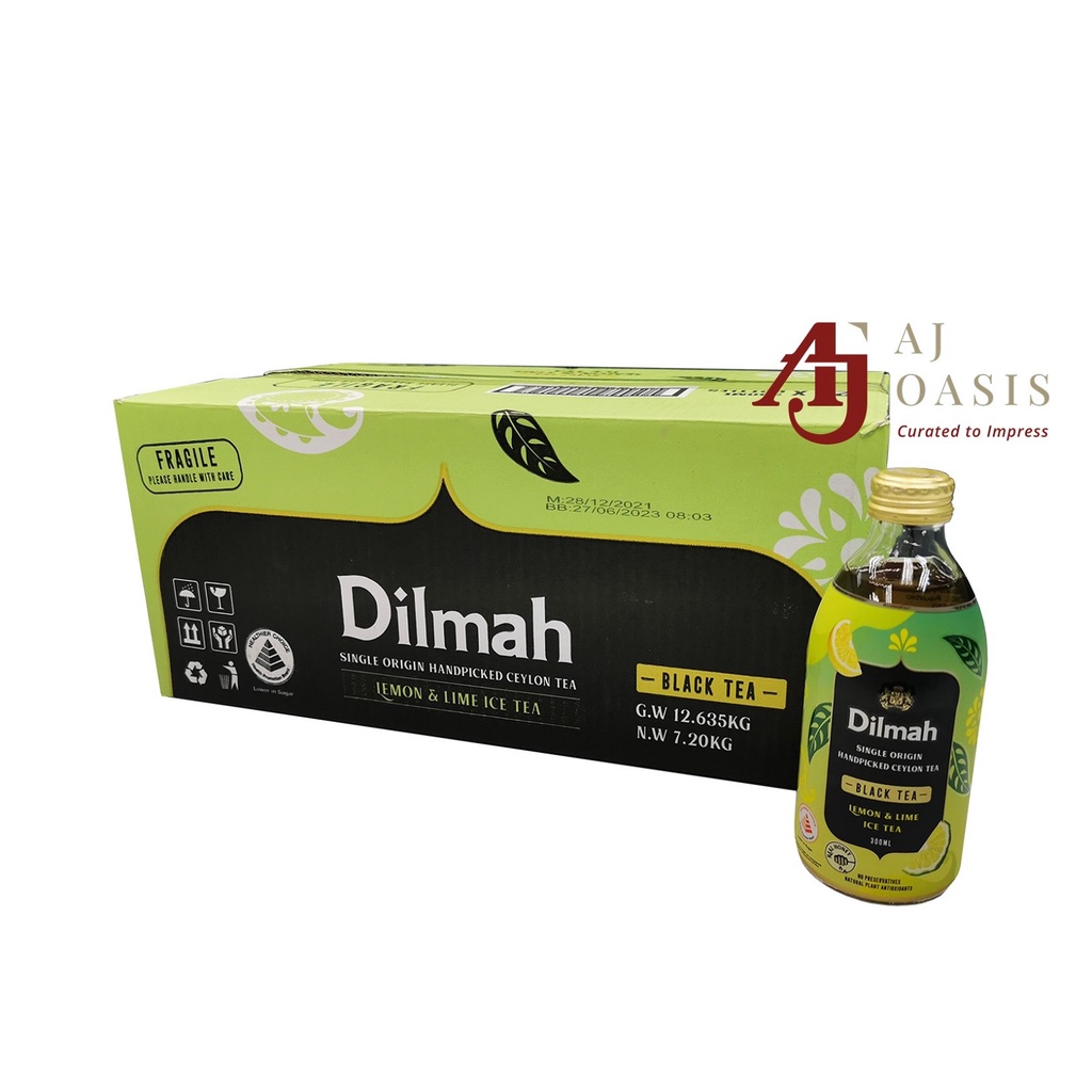 Dilmah Ready To Drink Lemon and Lime Black Tea Glass Bottles, 24x300ml