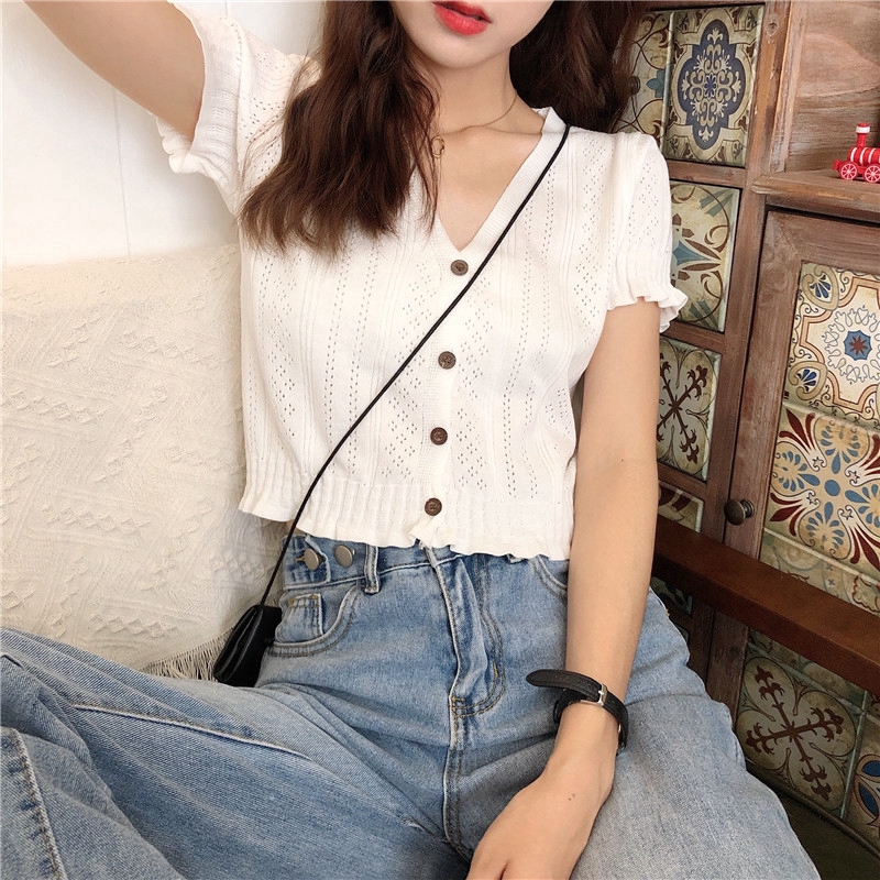 Women Knit V Neck Short Tops Korean Fashion Short Sleeve Shirt Shopee Singapore 0372