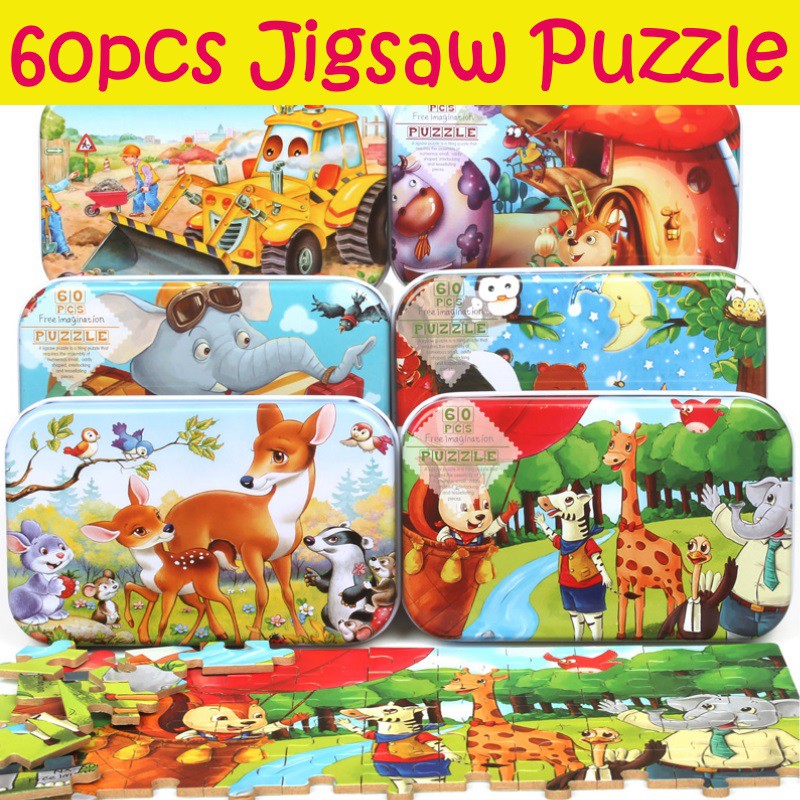 60 Pieces Wooden Puzzle / Jigsaw puzzle in Tin / Metal Box/Kids Gift ...