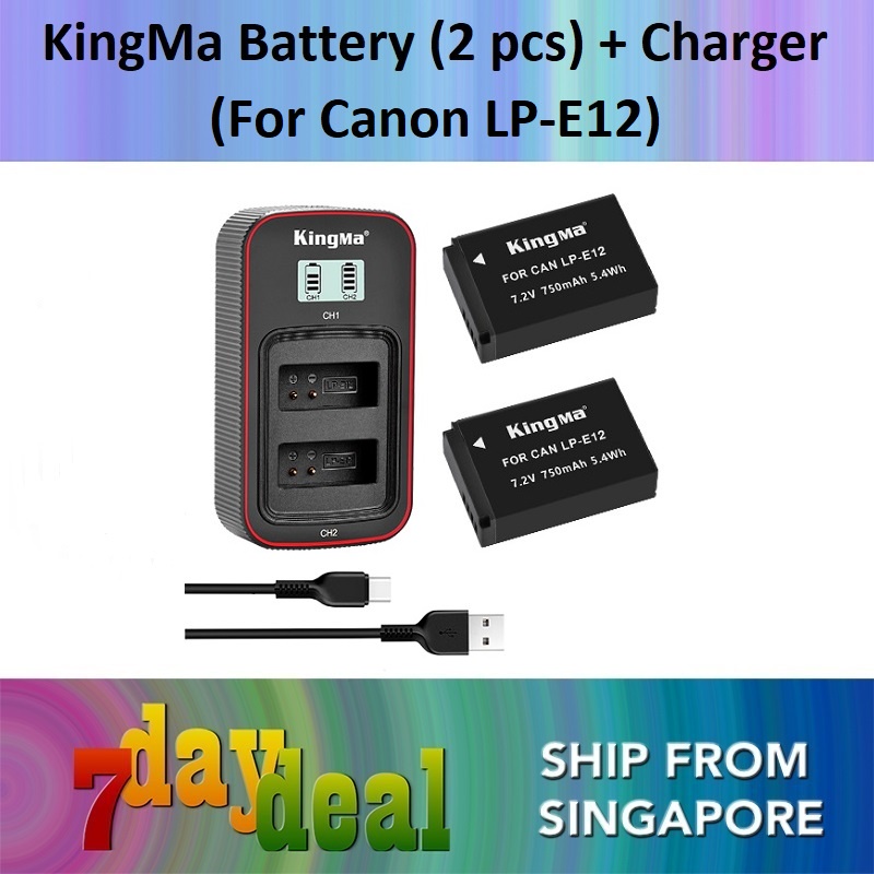 KingMa LP-E12 LCD Battery Charger Kit (2 x 750mAh Batteries + 2 Battery Cases + LCD Dual Charger For Canon EOS M M2 M10