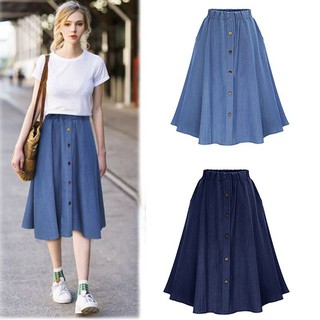 Image of Women Button High Waisted Midi Denim Skirt