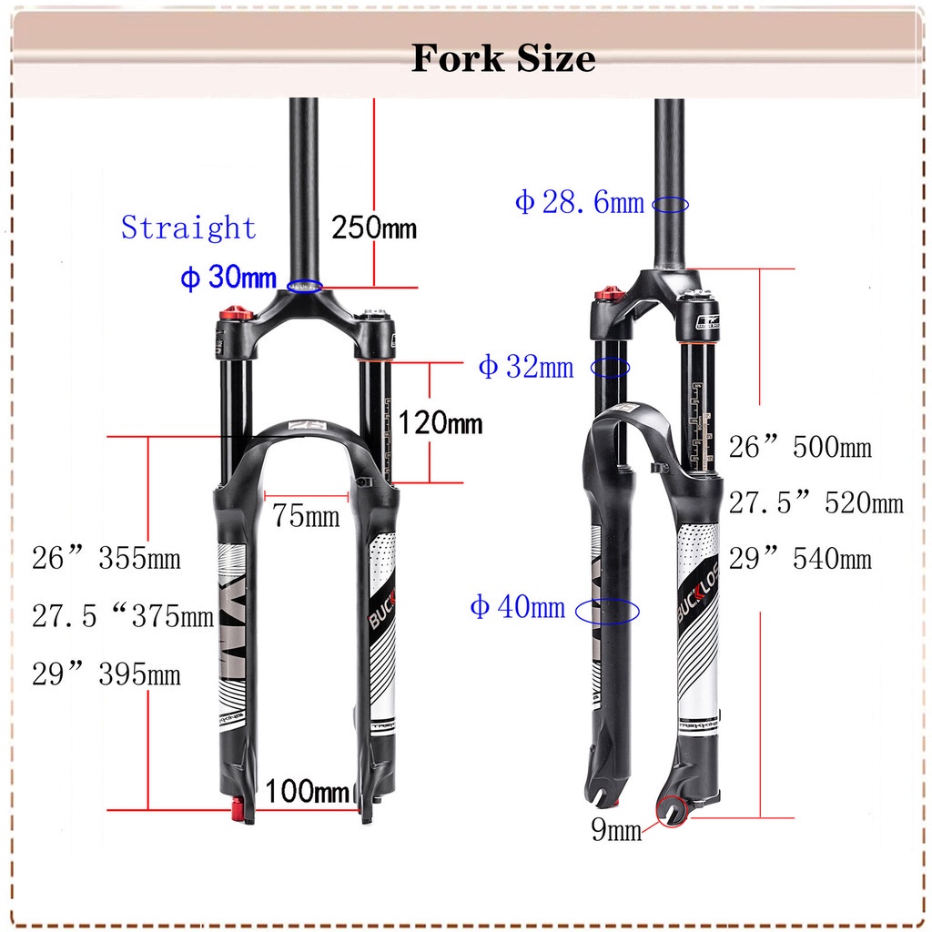 BUCKLOS MTB Suspension Fork 26/27.5/29 Inches,28.6mm Straight Tube Spring Front Fork QR 9mm Travel 100mm Mountain Bike Fork Manual Locking XC Bicycle Forks 