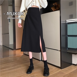 Image of MUKOK Mukok Korean High Waist Long Skirt Slim Split Women's A-line Midi Skirt