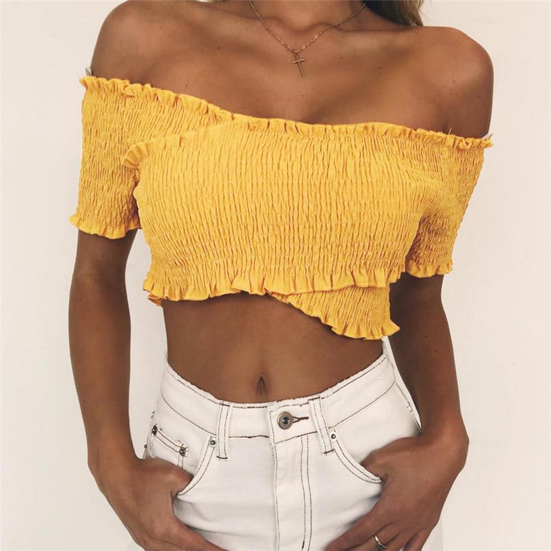 smocked off shoulder crop top