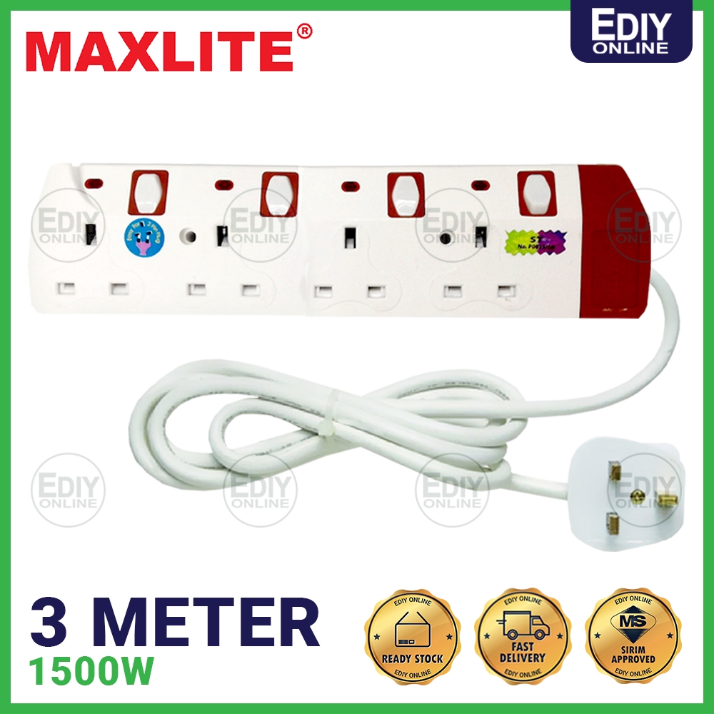 Shop Malaysia Maxlite 4 Gang 3 Meter Trailing Socket Extension Extention Sirim Plug Adaptor Adapter 4way 4 Way 4gang 3meter 3m M Shopee Singapore