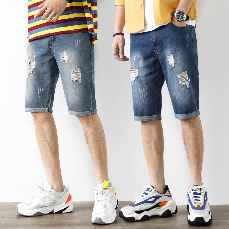 Vintage Men S Ripped Denim Shorts Jeans Knee Length Short Stripe On Pocket Size 27 36 Shopee Singapore