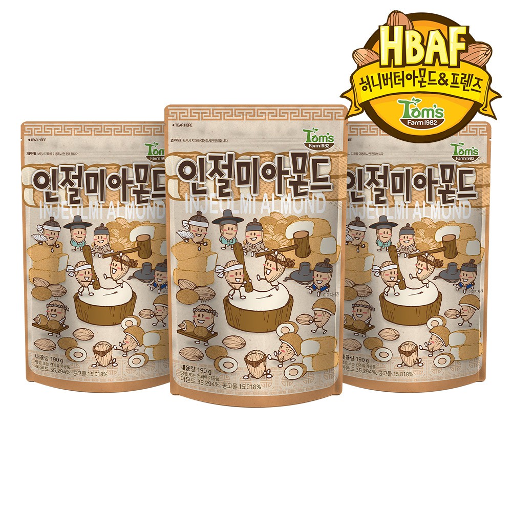[GILIM] Tom's Farm Injeolmi Flavored Almond 190g x 3 Korean, healthy snack (Honey Butter