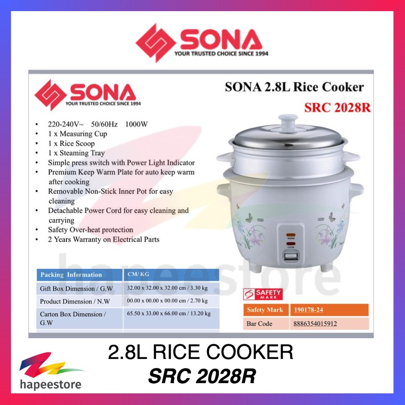 Sona 2.8L Rice Cooker SRC2028R (2 Year Warranty) SRC 2028R Shopee