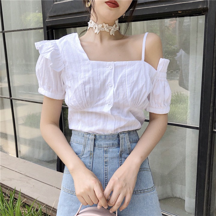 white ruffle blouse off shoulder