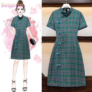 Image of 2020 New Green Plaid Elegant Vintage Chinese Traditional Casual Party Women Midi Dress Summer Cheongsam Dresses M-4XL Plus Size