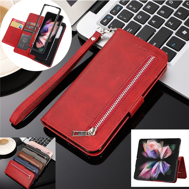 Folding Leather Case Samsung Galaxy Z Fold 3 Standing Zipper Flip Card