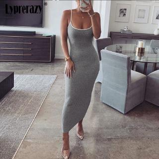 Image of Womens Sexy Knitted Sheath Boat Neck Dresses Strap Bodycon Solid Basic Sexy Long Dresses Vestidos