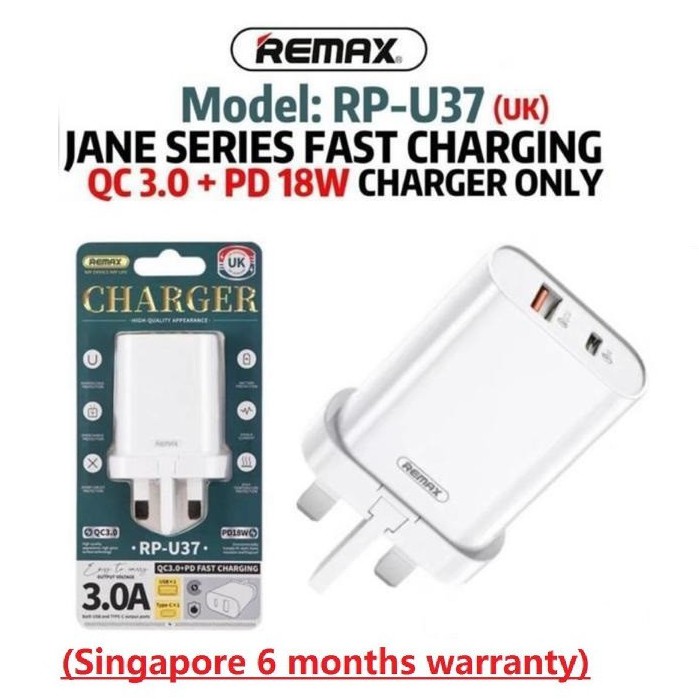Remax PD 18W Adapter RP-U37 USB plug charger +Type-C output QC 3.0 Fast ...
