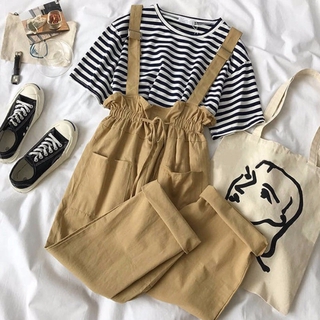 Women's Korean Cotton Jumpsuit Loose Strap Rompers Plain