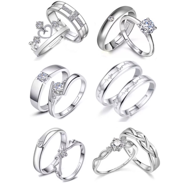 [Maii] 2pcs Crystal Diamond Silver Couple Wedding Adjustable Jewelry Ring
