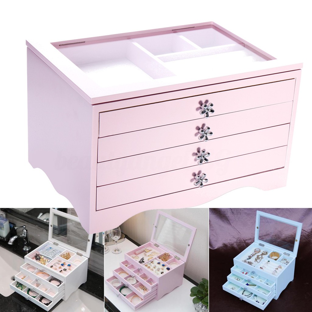Black Cream Large Wooden Jewellery Box Necklaces Storage Case