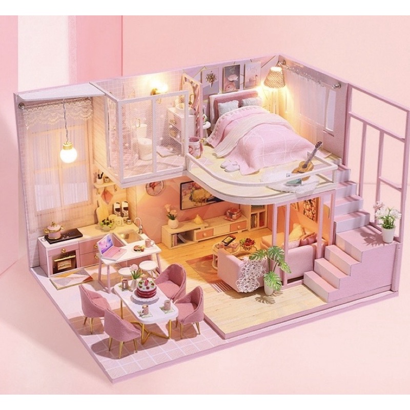 Pink wooden doll house model _ selfassembled model (Free mica against dust and glue) Shopee
