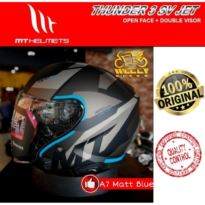 Mt Helmet Thunder 3 Sv Jet Bow A7 Matt Blue Open Face Double Visor Helmet Y15zr Lc135 Rs150 R15 R25 Shopee Singapore