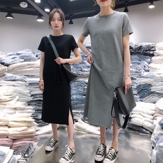 Image of Women's Bottoming t-Shirt Half-Sleeved 2019 Spring Summer Korean Version ins Loose Mid-Length Dress Girls' Girlfriends Half