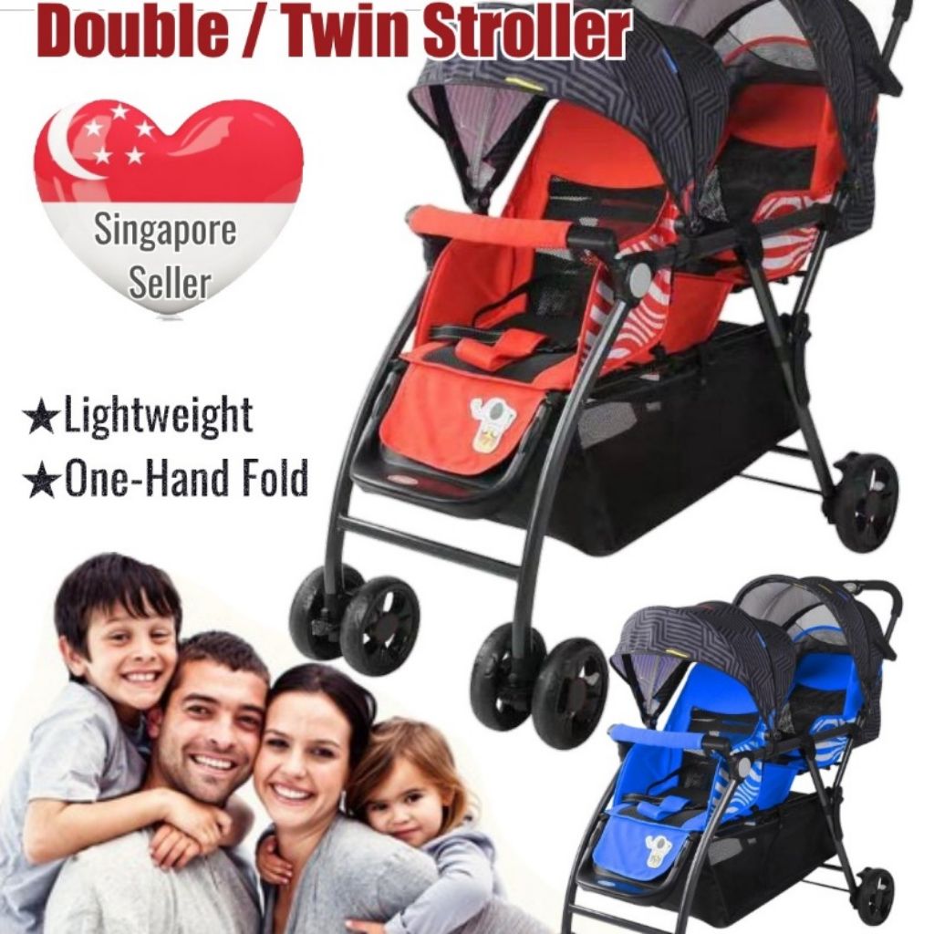 one hand fold double stroller